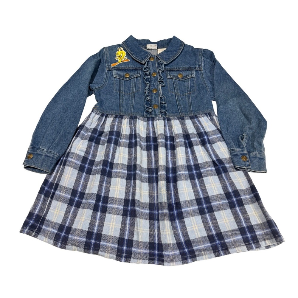Vintage Looney Tunes Tweety Bird Denim Plaid Dress Kids Size 6X Blue Ruffle 1996